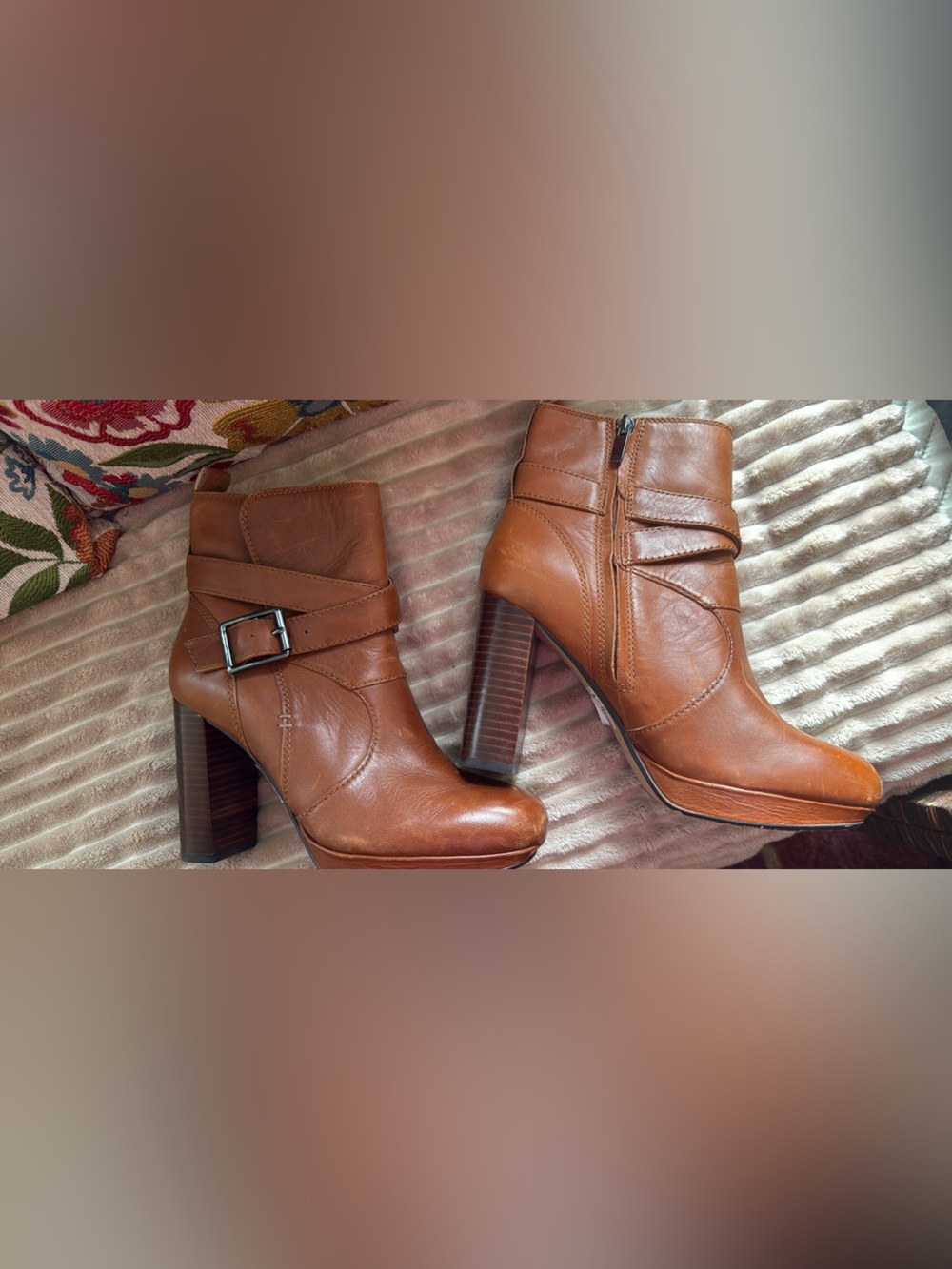 Clarks Cognac Brown Leather Buckle Ankle Booties